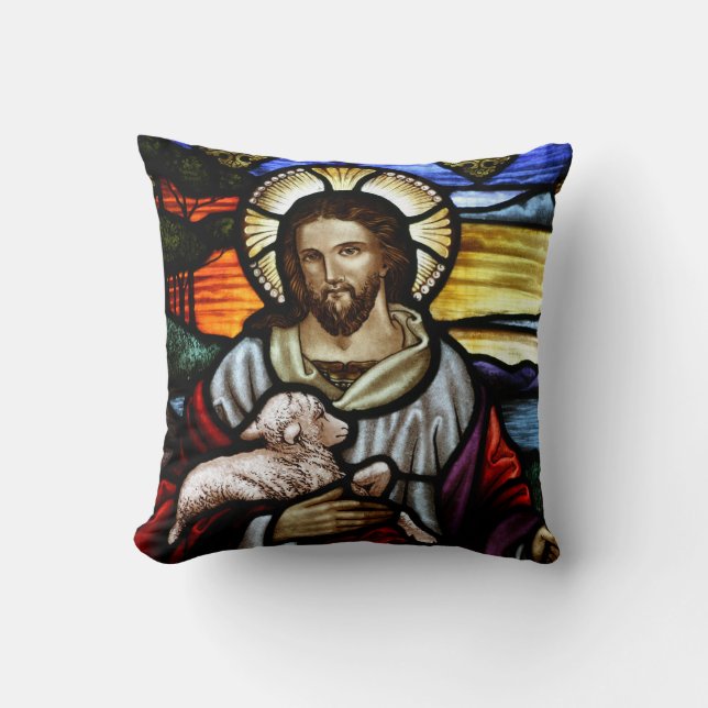 Coussin Le Bon Pasteur; Jésus sur le vitrail (Recto)