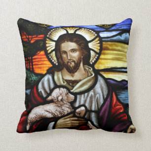Coussin Le Bon Pasteur; Jésus sur vitrail
