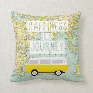 Coussin Le bonheur est un voyage, voiture, carte du monde