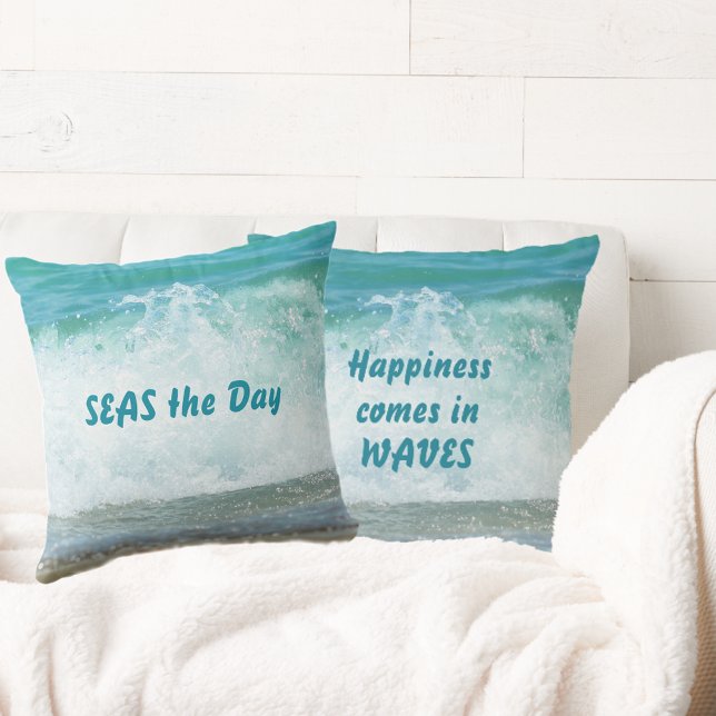 Coussin Le bonheur vient en mer des vagues le jour (Créateur téléchargé)