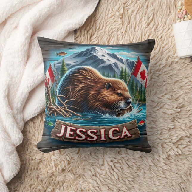 Coussin Le castor canadien construit une loge dans l'eau (Couverture)