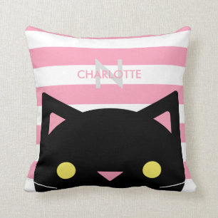 Coussin Le chat noir curieux   barre le monogramme de  