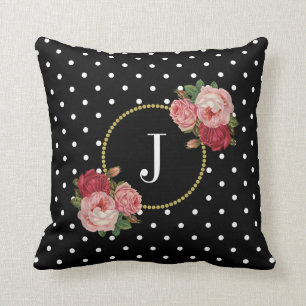 Coussin Le cru noir chic fleurit le monogramme de pois