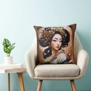 Coussin Le Dragon d'or Geisha Girl AI Art par Xzendor7