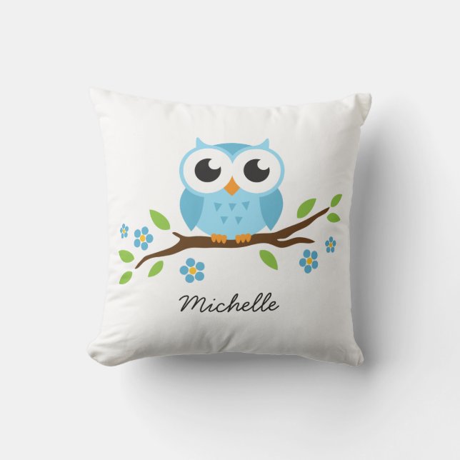 Coussin Le hibou bleu mignon sur la branche florale a (Recto)