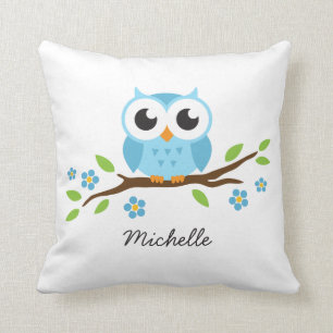Coussin Le hibou bleu mignon sur la branche florale a