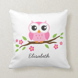 Coussin Le hibou rose mignon sur la branche florale a