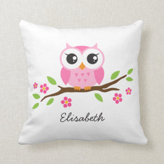 Coussin Le hibou rose mignon sur la branche florale a