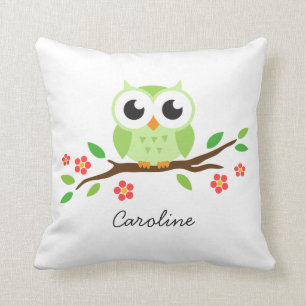 Coussin Le hibou vert mignon sur la branche florale a