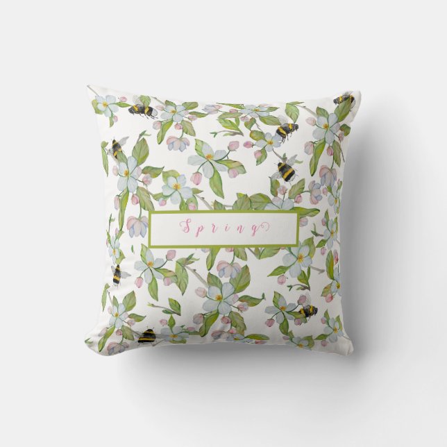 Coussin Le jardin de printemps fleurit et bourdons (Recto)