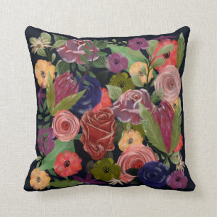 Coussin Le jardin du bouquet de rose fleurs bleu profond