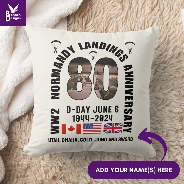 COUSSIN LE JOUR J DÉBUT NORMANDY ATTERRISSAGES 2ÈME GUERRE (Souvenir throw pillow for 80th anniversary of D-Day landings. Customizable. Ideal gift for veterans )