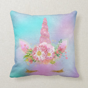 Coussin Le klaxon de visage de licorne fouette l'Aqua rose