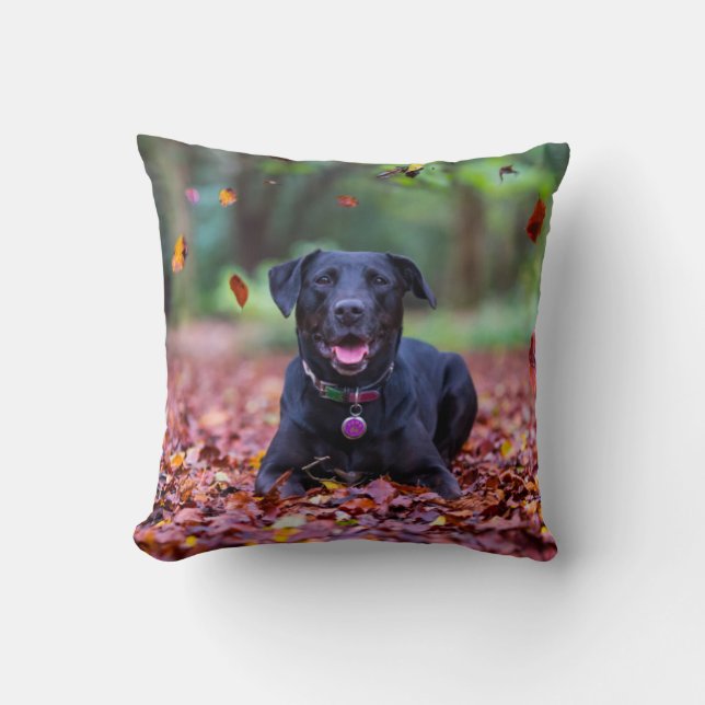 Coussin Le Labrador Noir Dans Les Feuilles D'Automne (Recto)