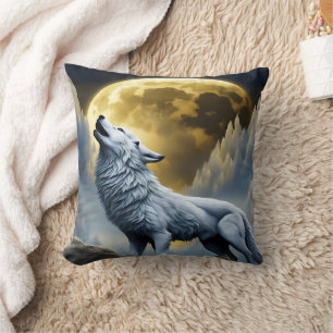 Coussin Le loup blanc majestueux hurle sous la Pleine lune
