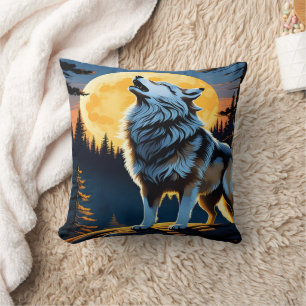 Coussin Le majestueux loup hurling à Moon.