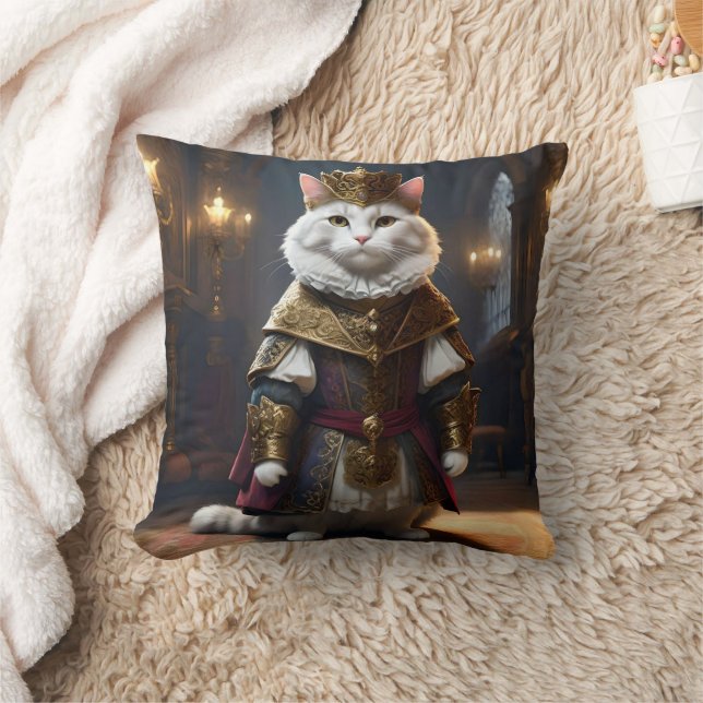 Coussin "Le Monarque Majestic : Le Chat Blanc Regal à Robe (Couverture)