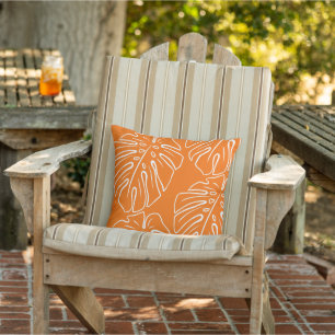Coussin Le Motif Blanc Tropical Leaf Sur Orange Lumineux