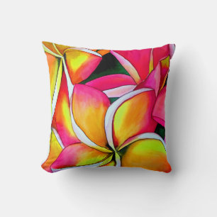 Coussin Le néon rose Frangipani Plumeria Beach art