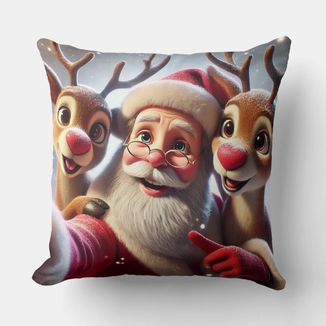 Coussin Le Père Noël avec des rennes fêtent Noël (Recto)