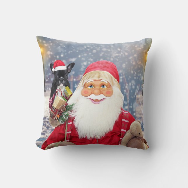 Coussin Le Père Noël et Cadeaux de Noël Chien-taureau fran (Recto)