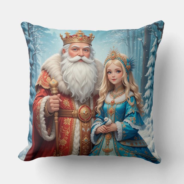 Coussin Le Père Noël et le Maiden des neiges fêtent Noël (Recto)