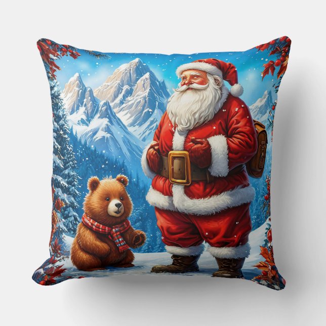 Coussin Le Père Noël rencontre un ours amical dans la mont (Recto)