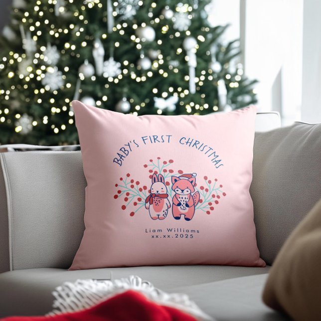 Coussin Le premier Noël de bébé, amis de la forêt  (Créateur téléchargé)