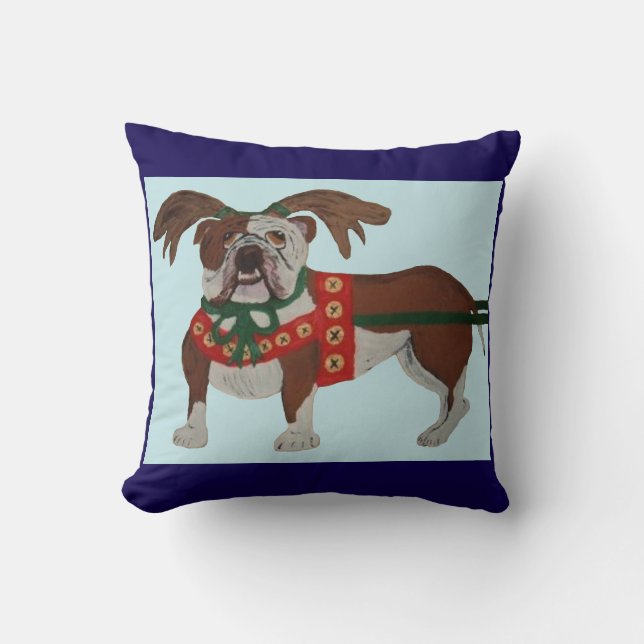 Coussin Le Renne du Père Noël Bouledogue (Recto)