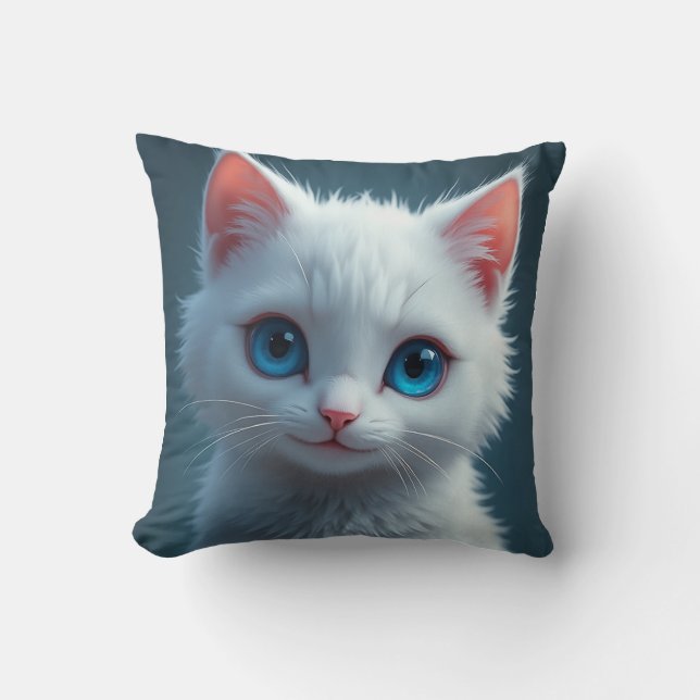 Coussin Le sourire d'un chat blanc aux yeux bleus (Recto)