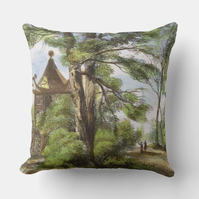 Coussin Le temple chinois, Kew fait du jardinage, plaque (Recto)