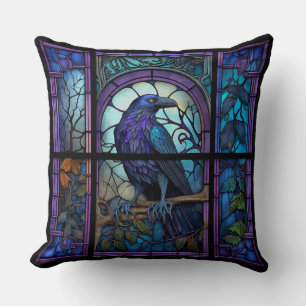 Coussin Le vitrail du corbeau effrayant