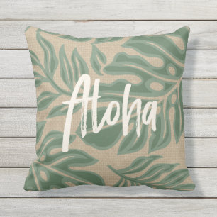 Coussin Leaf Tiki Sage Green Tropical réversible hawaïen