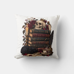 Coussin Lecteur gothique, bibliophile, crâne et roses litt