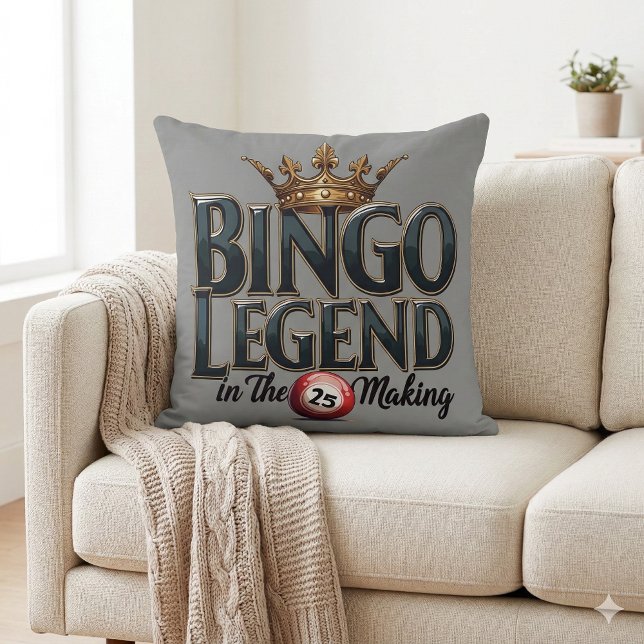 Coussin Légende du Bingo Couronnée en Typographie Rétro Or (Bingo Legend Crowned in Gold Retro Typography Throw Pillow Mockup A)