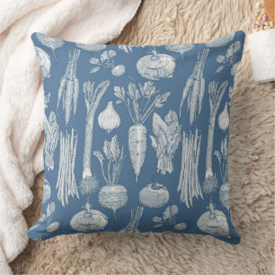Coussin légumes de marché de fermier denim cobalt