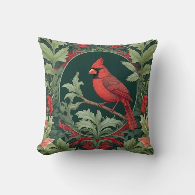 Coussin L'Élégant Cardinal du Nord William Morris Inspiré (Recto)