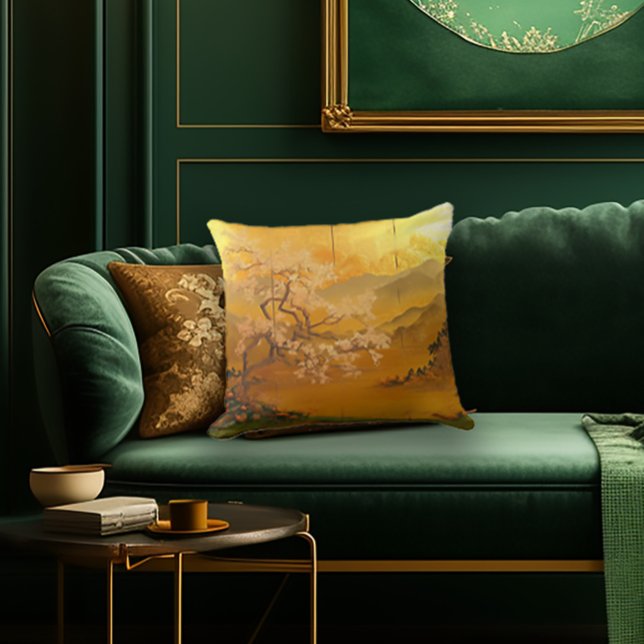 Coussin L'élégante "Aube Dorée" Asie antique inspirée (Stylish Edo-Japan Era Cherry Blossom Decorative Asian Throw Pillow)