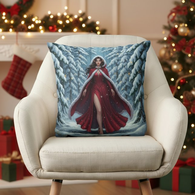 Coussin L'elfe de Noël en rouge dans la forêt hivernale en (Créateur téléchargé)