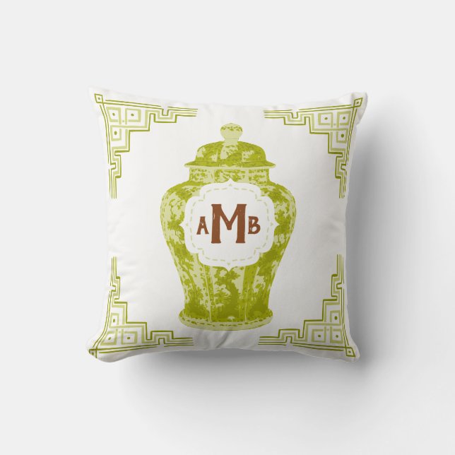 Coussin Lemongrass Green Chinoiserie Ginger Jar Monogramme (Recto)