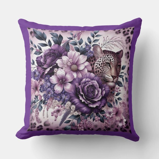 Coussin Léopard aux fleurs violettes (Recto)