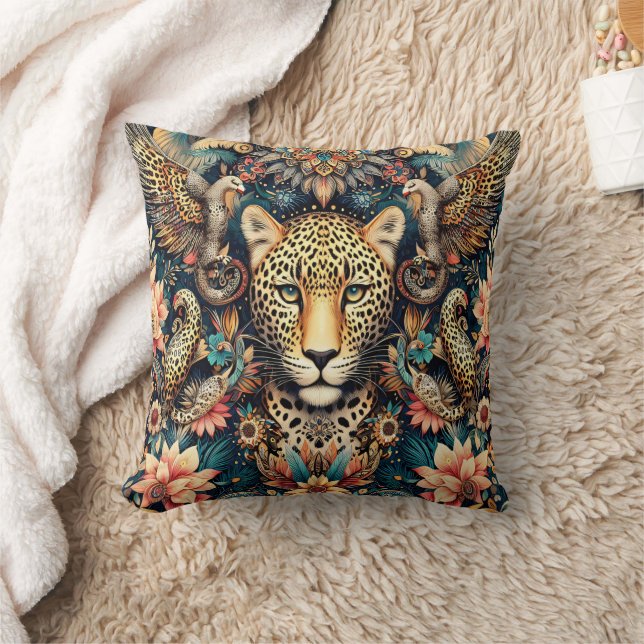 Coussin Léopard Bliss : Repos parmi les oiseaux tropicaux (Couverture)
