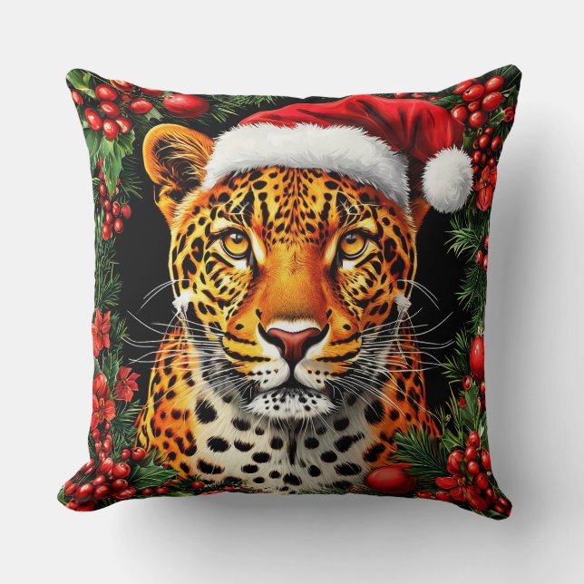 Coussin Léopard de fête portant un chapeau de Père Noël (Recto)