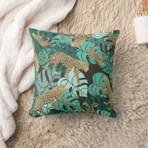 Coussin Léopard de la jungle verte et feuilles tropicales 
