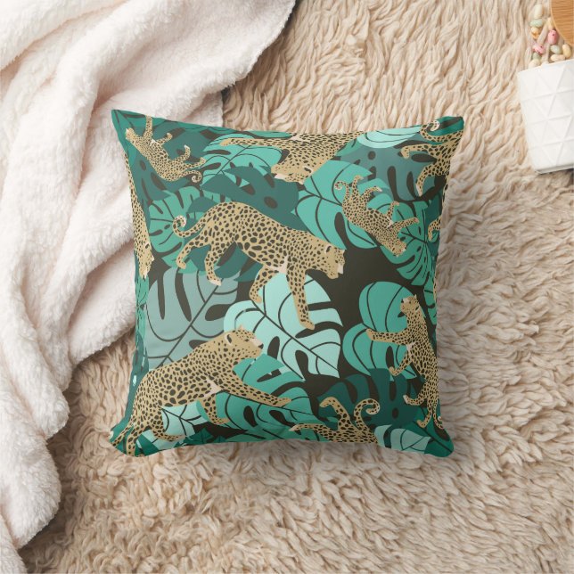 Coussin Léopard de la jungle verte et feuilles tropicales  (Couverture)