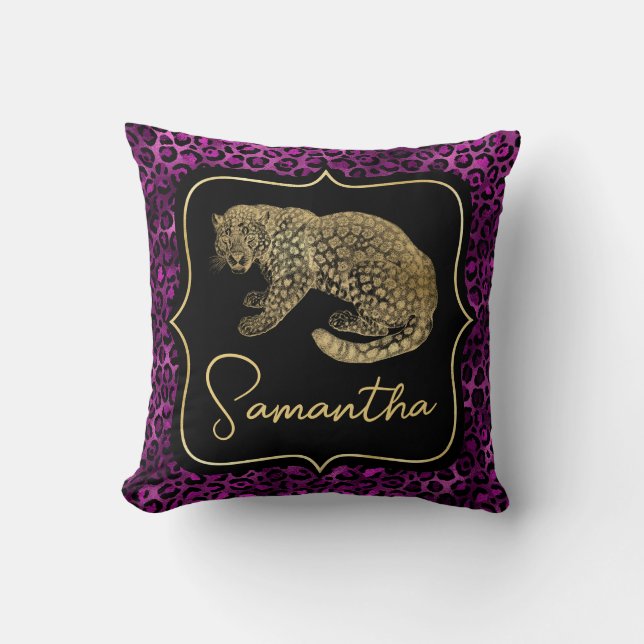 Coussin Léopard doré et imprimé léopard violet (Recto)