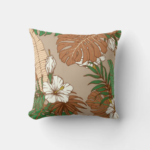 Coussin Léopard fourrure tropicale feuille fleurs d'hibisc