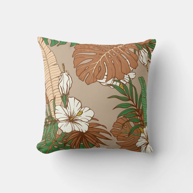 Coussin Léopard fourrure tropicale feuille fleurs d'hibisc (Recto)