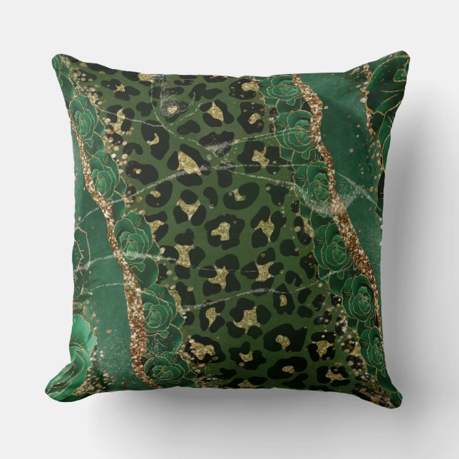 Coussin Leopard Gold Green Roses Agate Jeu d'oreiller (Recto)