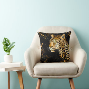 Coussin Léopard Guépard Noir Or Jungle Safari Feuilles